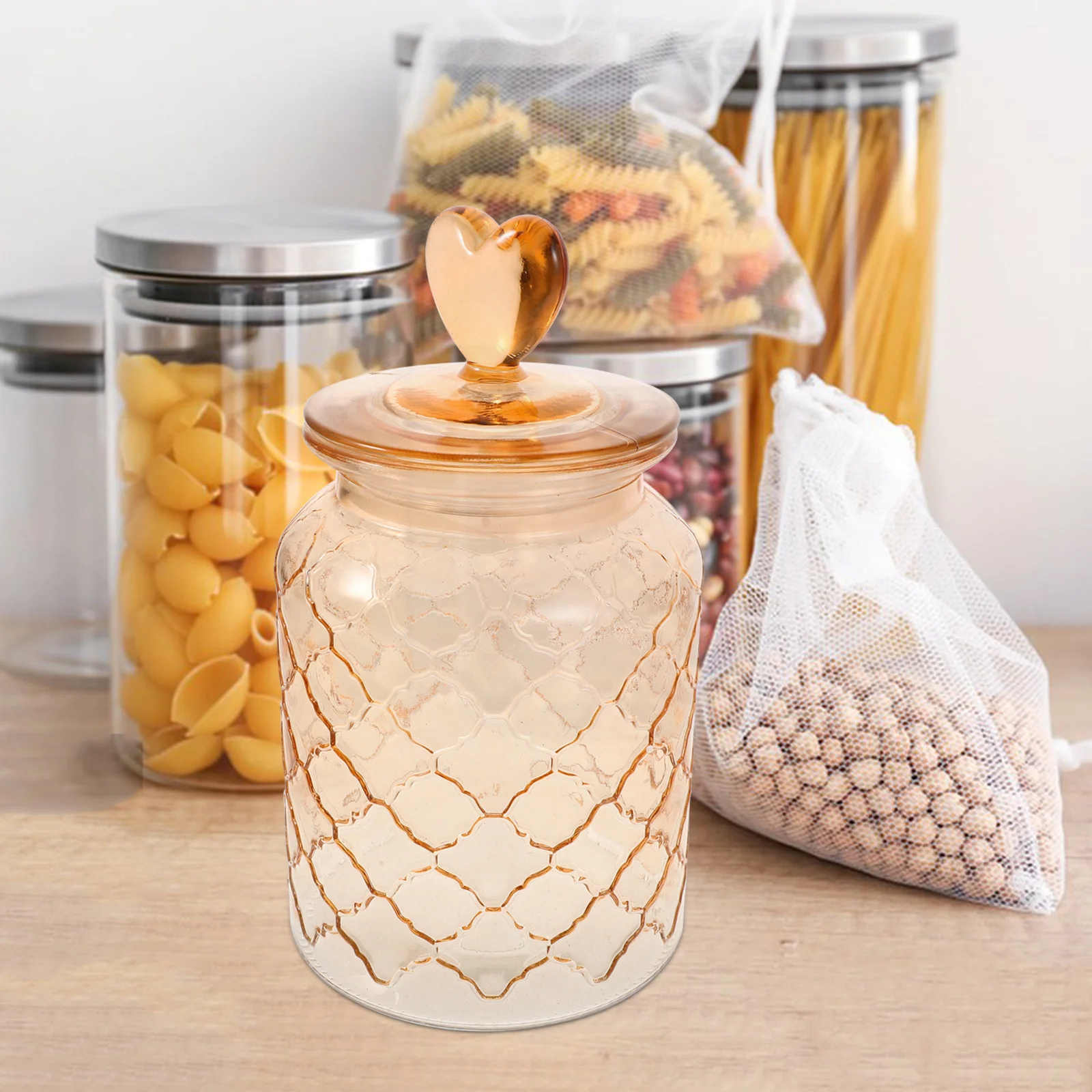 

950ml Glass Airtight Containers Heart Shaped Handle Transparent Design Coffee Bean Preservation Jar Kitchen Essentials