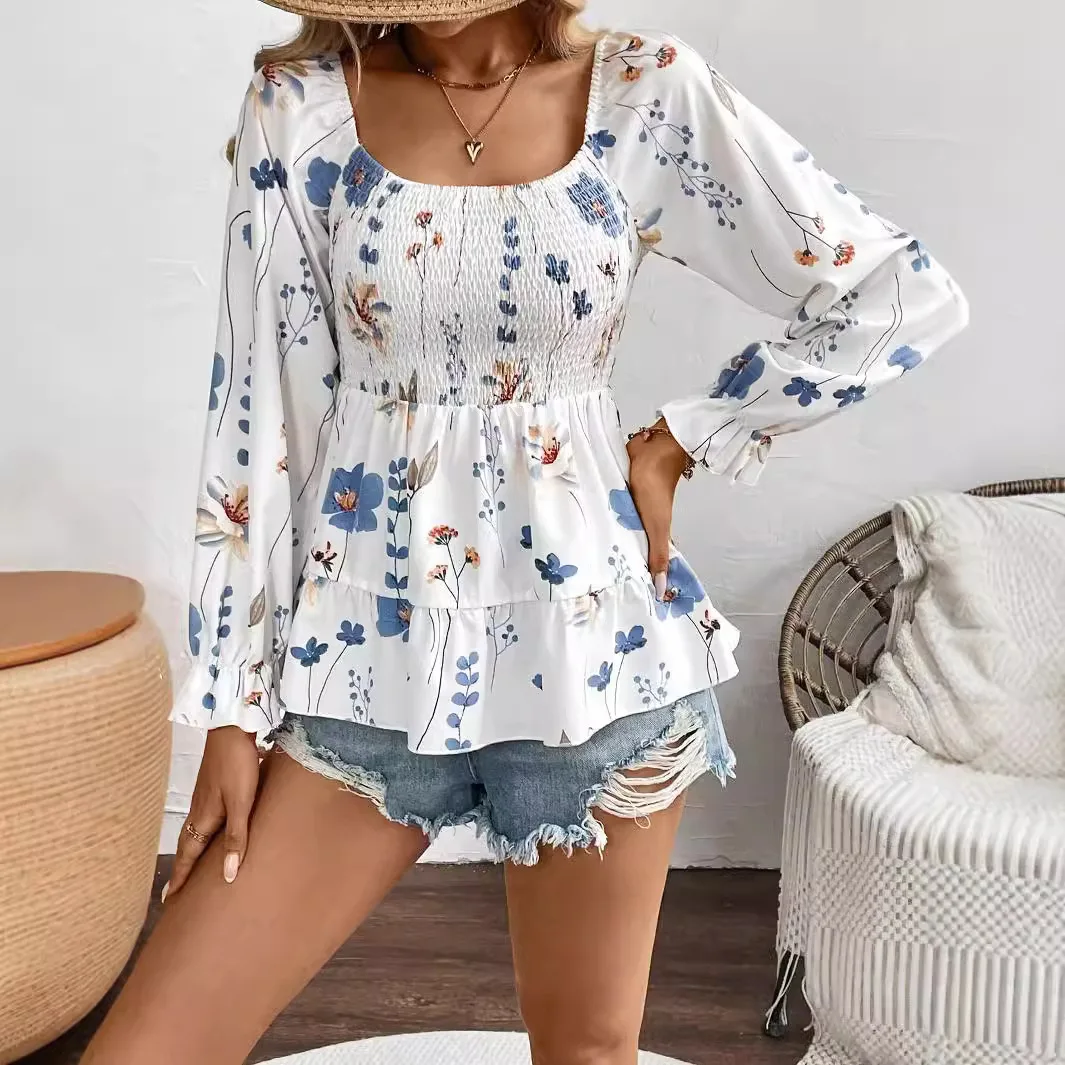 Camiseta de manga larga con corsé y estampado de flores para mujer, Top elegante transfronterizo 2025, Cw18135