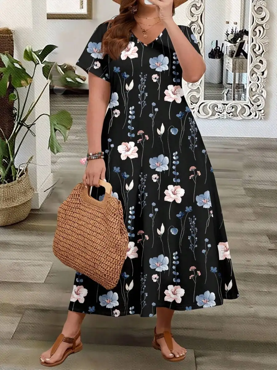

Plus Size Women Casual V-Neck Short Sleeve Floral Print Midi Dress For Summer