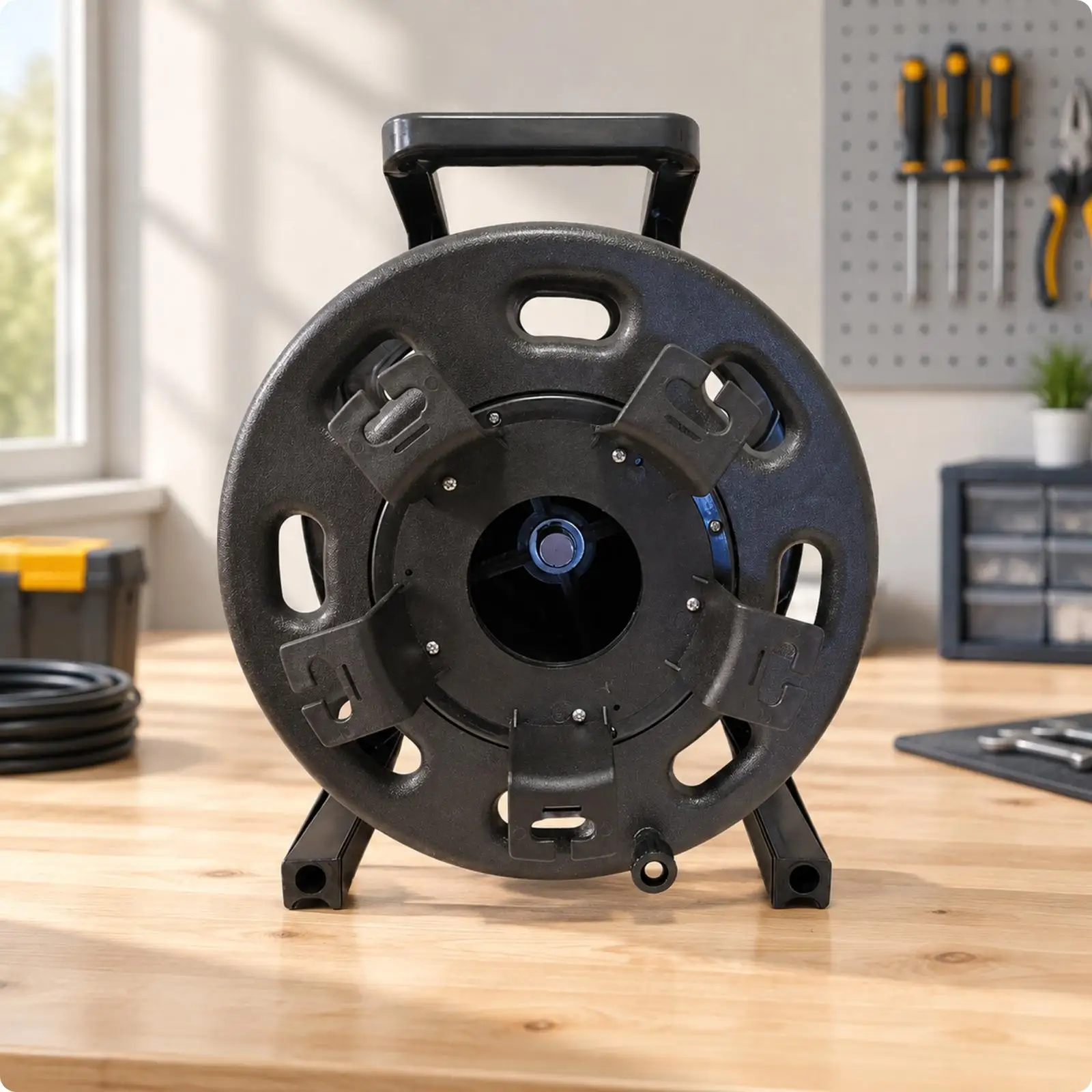 empty-cable-reel-winder-220v-manual-spool-plastic-black-with-stable-base-and-handle-for-electrical-wire-organizing