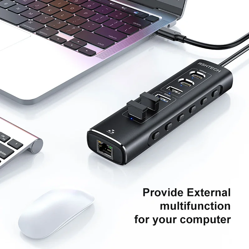 RSHTECH USB Ethernet Hub 7-IN-1 10Gbps Tipo C Splitter RJ45 Gigabit Lan Adattatore di rete Espansore multiporta per laptop MacBook PC