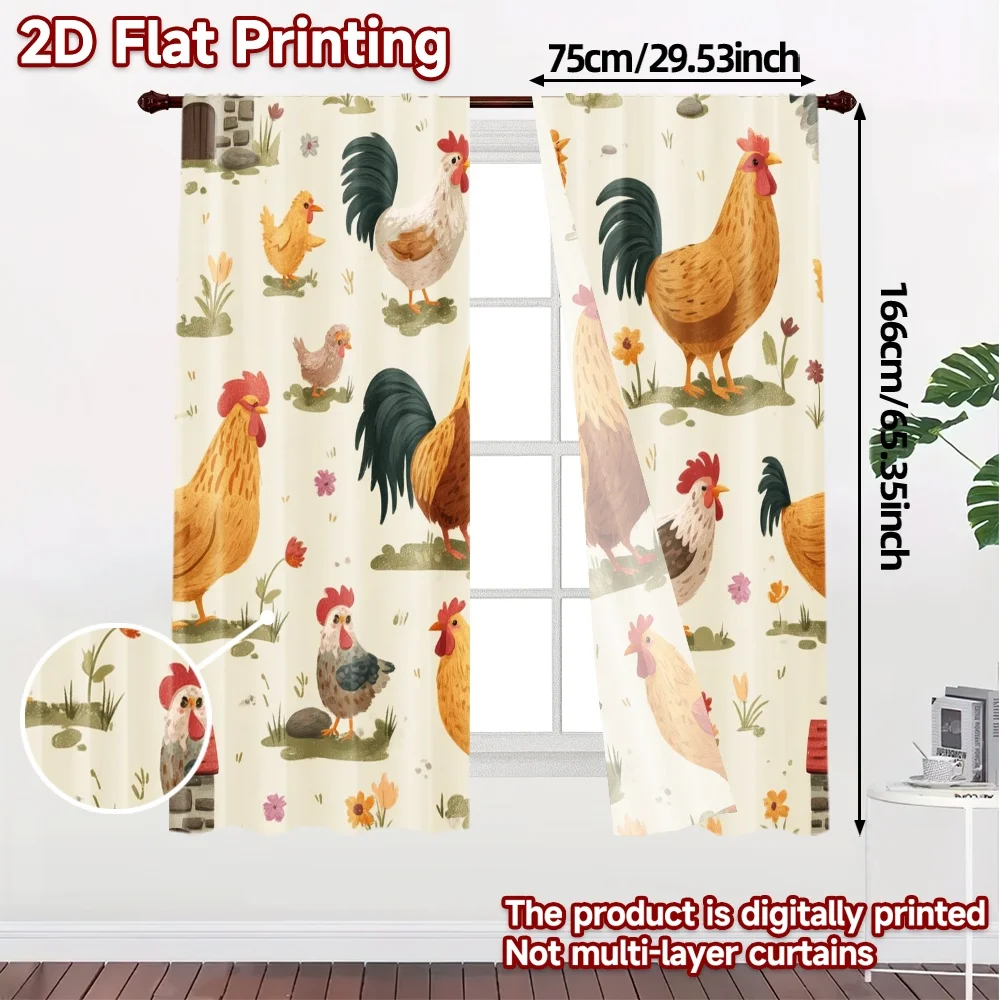 2pcs, 2D FLAT PRINTING Curtains (Without Rod) Rooster Meadow Chic Light Filtering Curtains Machine Washable Fabric Curtains