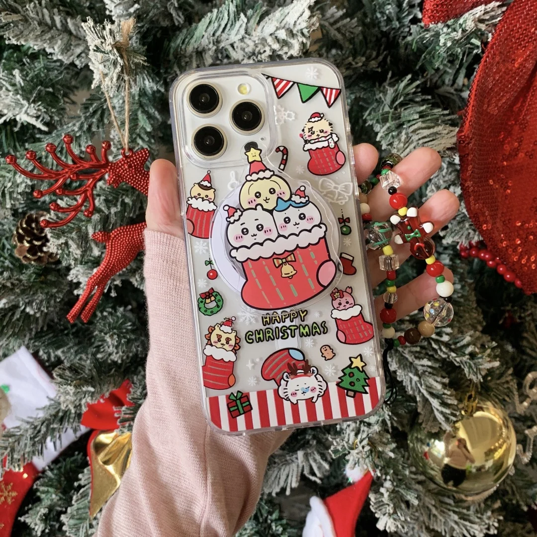 

Christmas Cool Cute Cartoon C-Chiikawa Magnetic Stand Holder Case For iPhone 16 E 17 Air 15 14 13 12 11 Pro Max 16 Plus Coque﻿