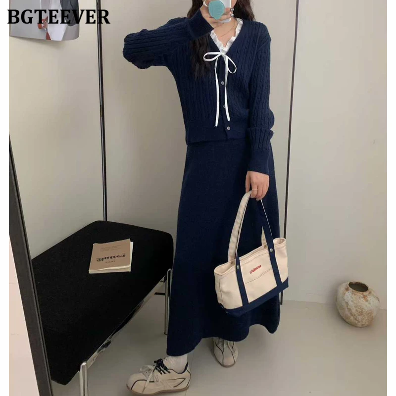 BGTEEVER Elegante dames gebreide 2-delige rokset V-hals Single-breasted strikvesten Truien en A-lijn rokken Damesoutfits