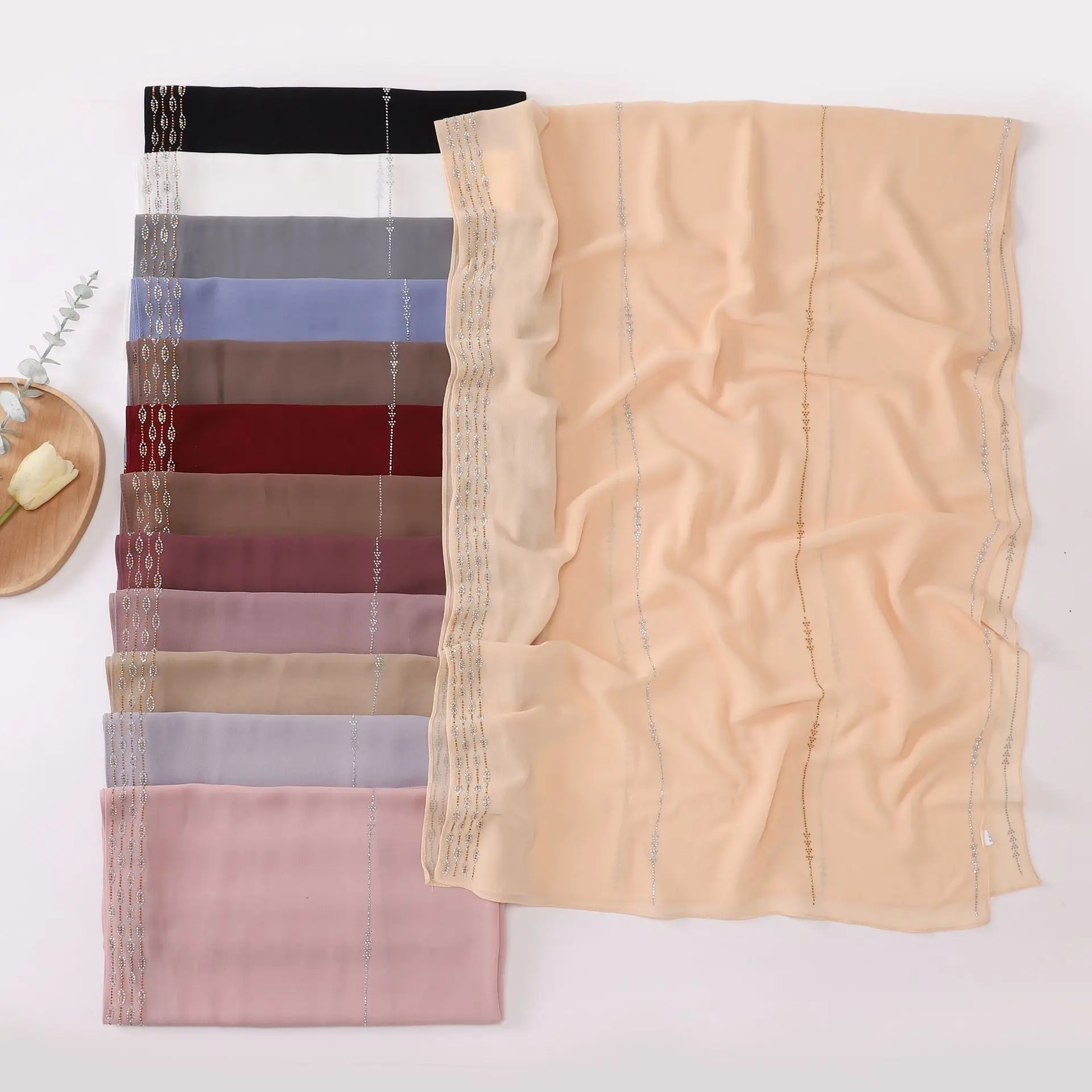 حجر الراين الصلبة الشيفون الحجاب وشاح امرأة مسلم الحجاب شال السيدات طويلة يلتف رمضان ماليزيا العرقية الحجاب الإسلام عمامة