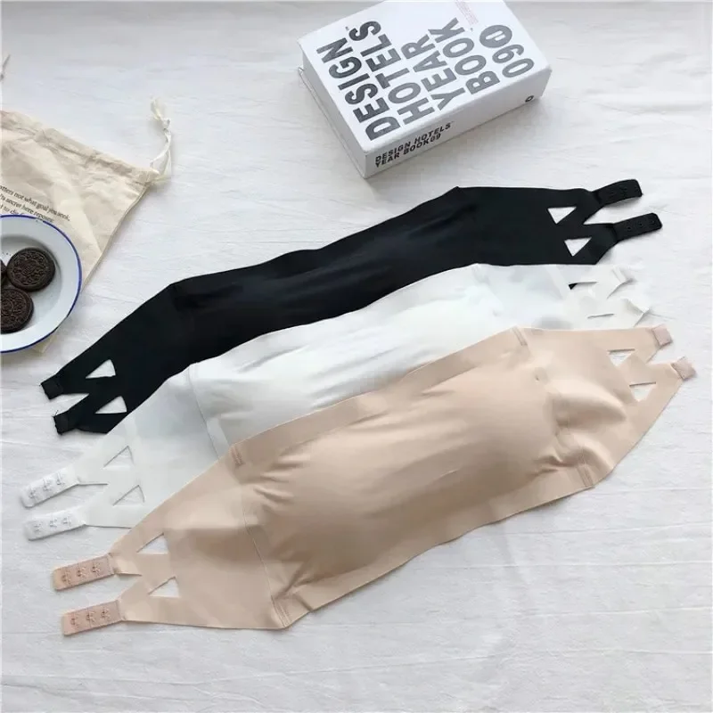 Bra tanpa tali wanita, atasan tabung satu potong mulus bantalan dapat dilepas intim dasar hitam/putih/kulit tanpa tali Bandeau Lingerie seksi