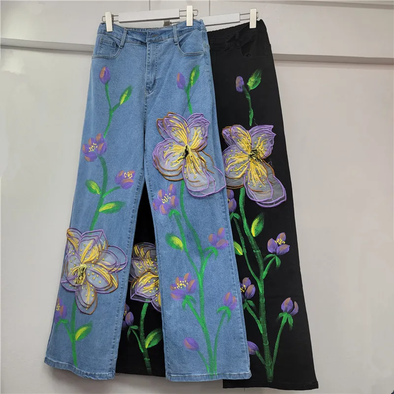 

Модные женские джинсы с цветочным дизайном, осень 2023, новые универсальные элегантные утягивающие прямые брюки с высокой талией