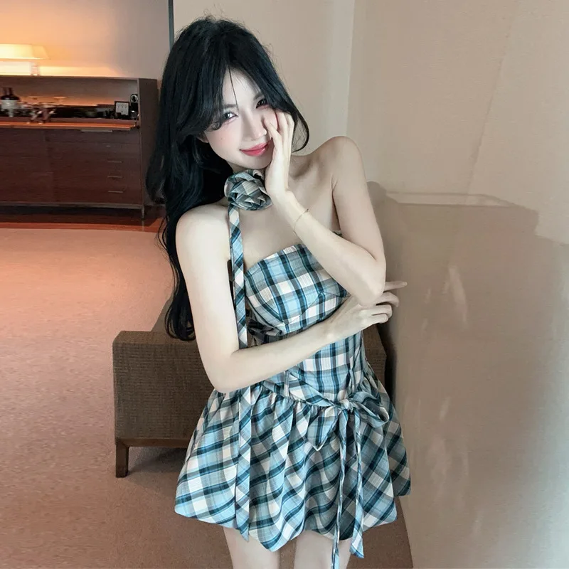 Süßer, würziger, floraler, karierter Wickelrock mit Gürtel, schlankmachende Taille, Dr für Bars und Nachtclubs, Cleanfit Midwaist A-Linien-Rock, Einzelstück