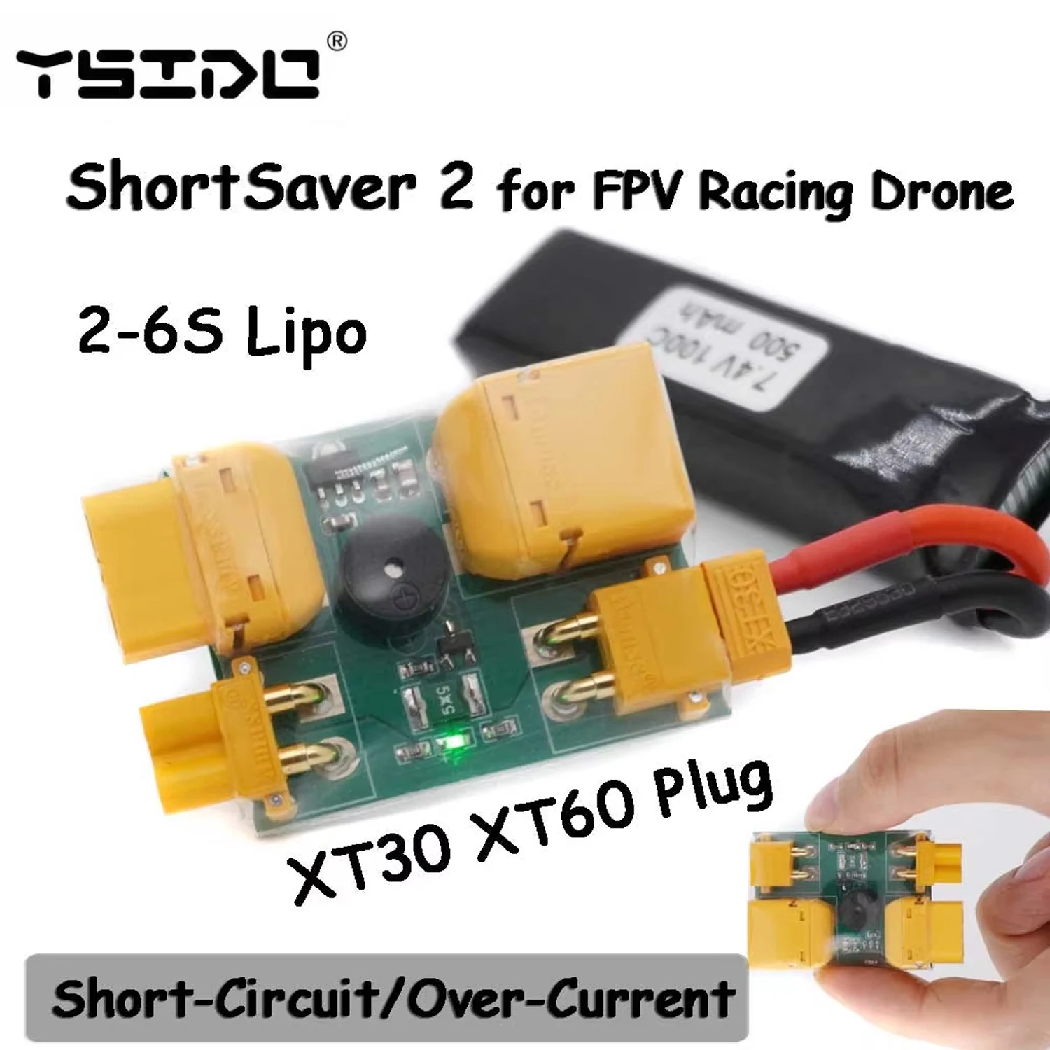 YSIDO ShortSaver 2 Smoke Stopper Electronic Fuse 2-6S Lipo XT30 XT60 to Prevent Short-Circuit/Over-Current for FPV Racing Drone