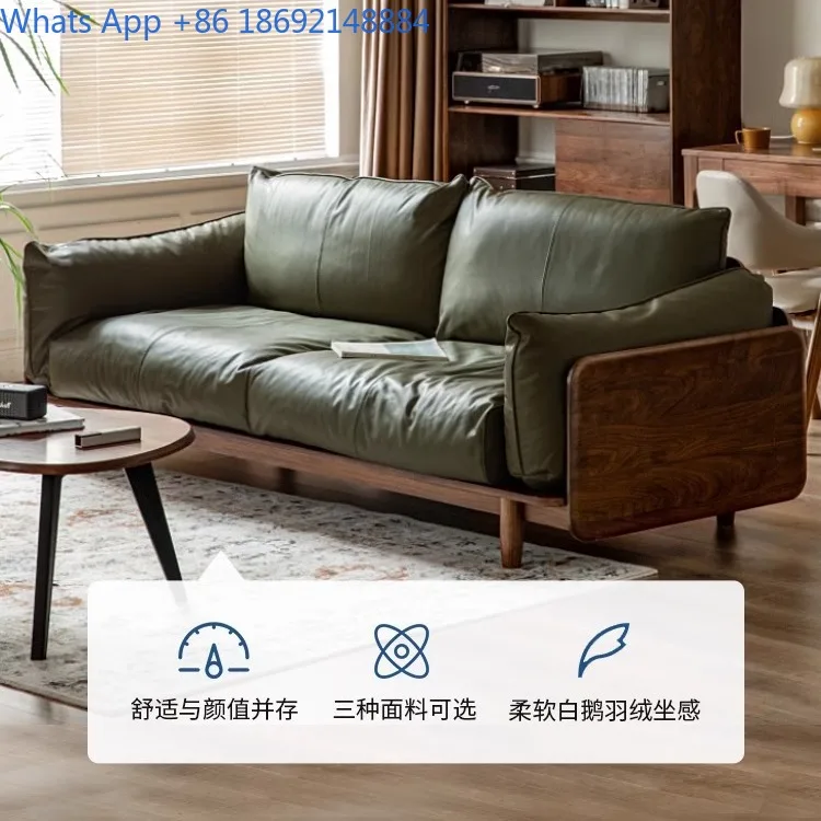 Solid Walnut Wood Sofa for Small Living Room Modern Chinese Style Genuine Leather Two Seater Couch