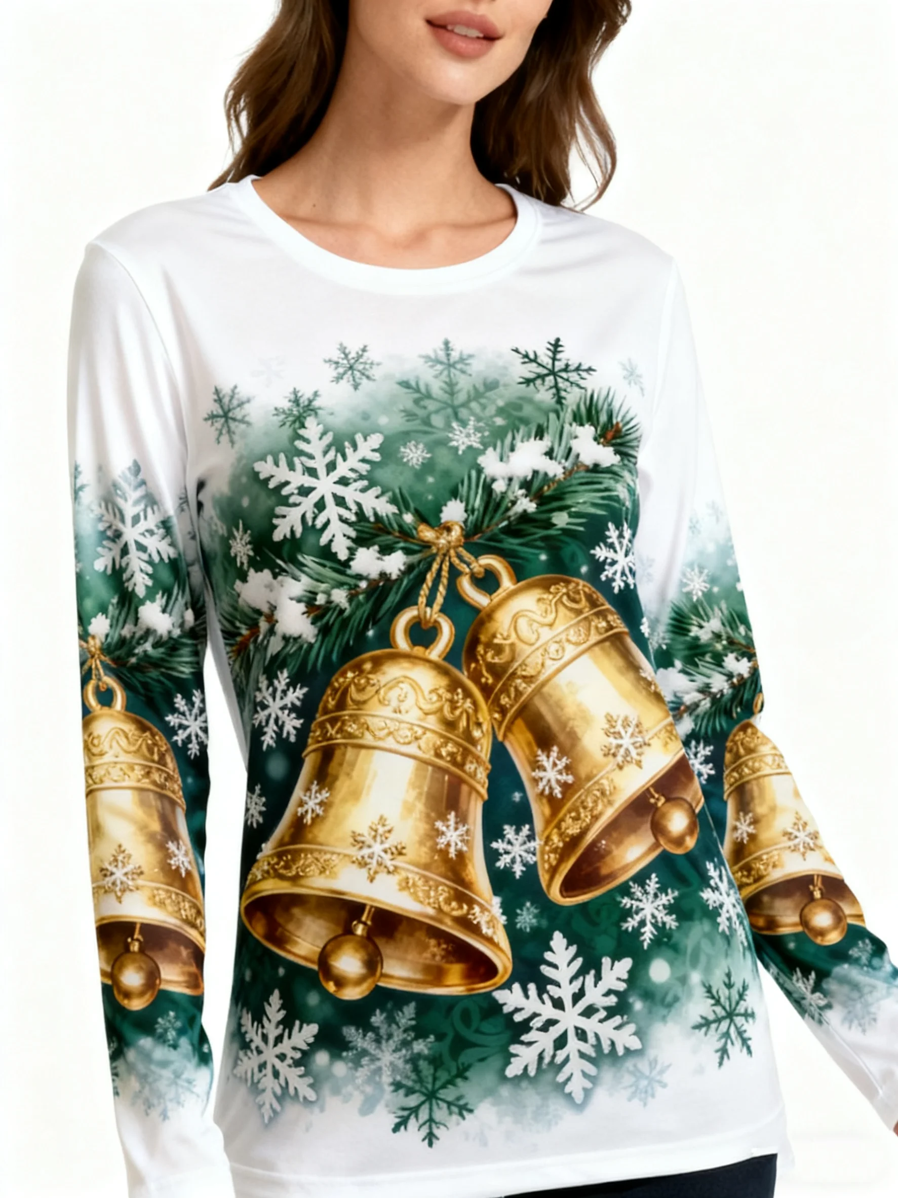 

Christmas-themed women's bell print round neck long-sleeved T-shirt, festive black and white casual loose top