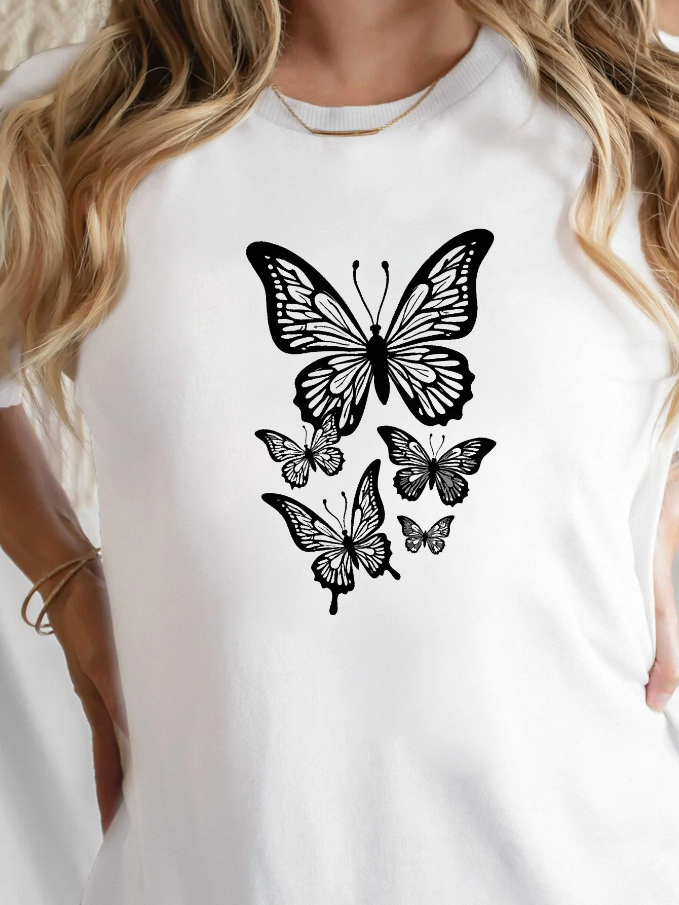 Mujer elegante mariposa blanca racimo transpirable puro diario Casual Harajuku manga corta Harajuku ropa de calle