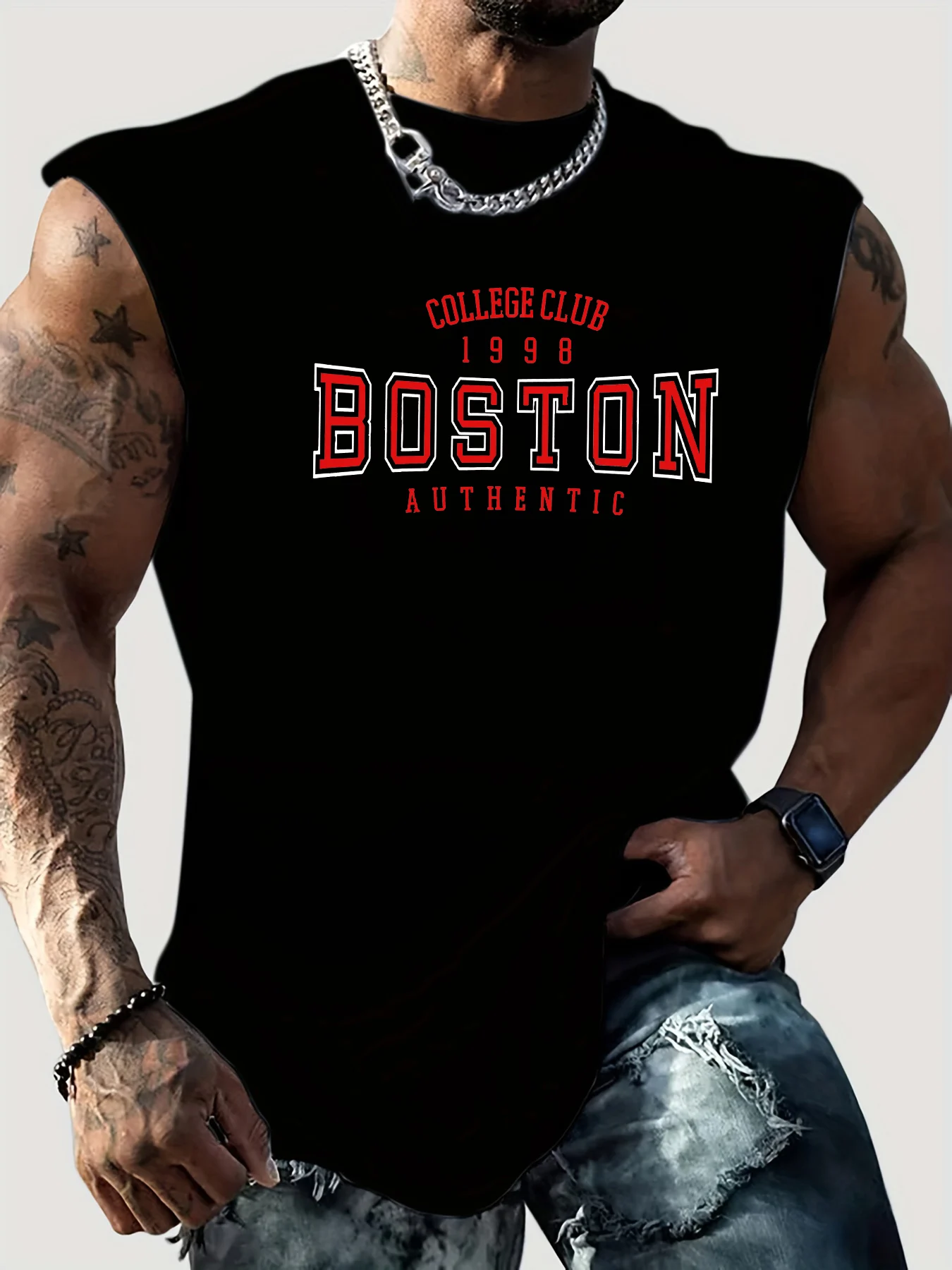 100% Cotton Men's Summer Fashion Boston Letter Print Casual Sports Fitness Loose Breathable Crew Neck Sleeveless Vest