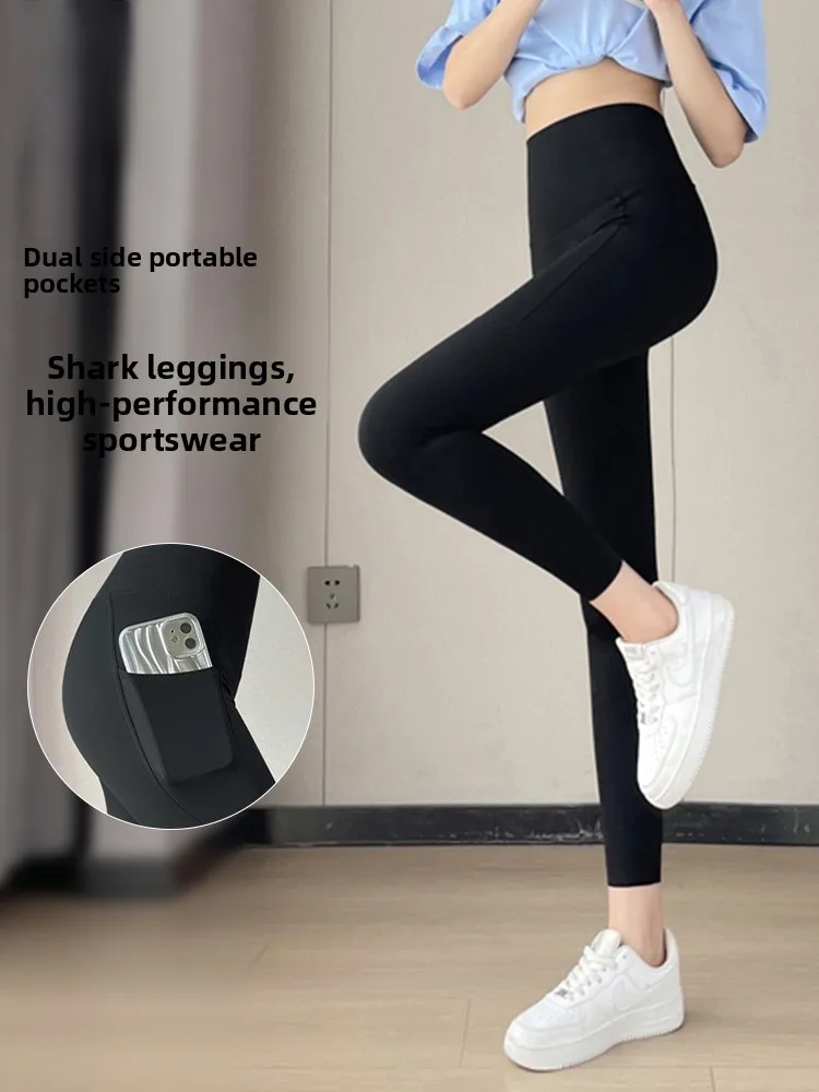 

High-Waist Sculpting Fitn arkskin Pants Women's Spor Tummy-Control Cycling orts with Double Sided kets