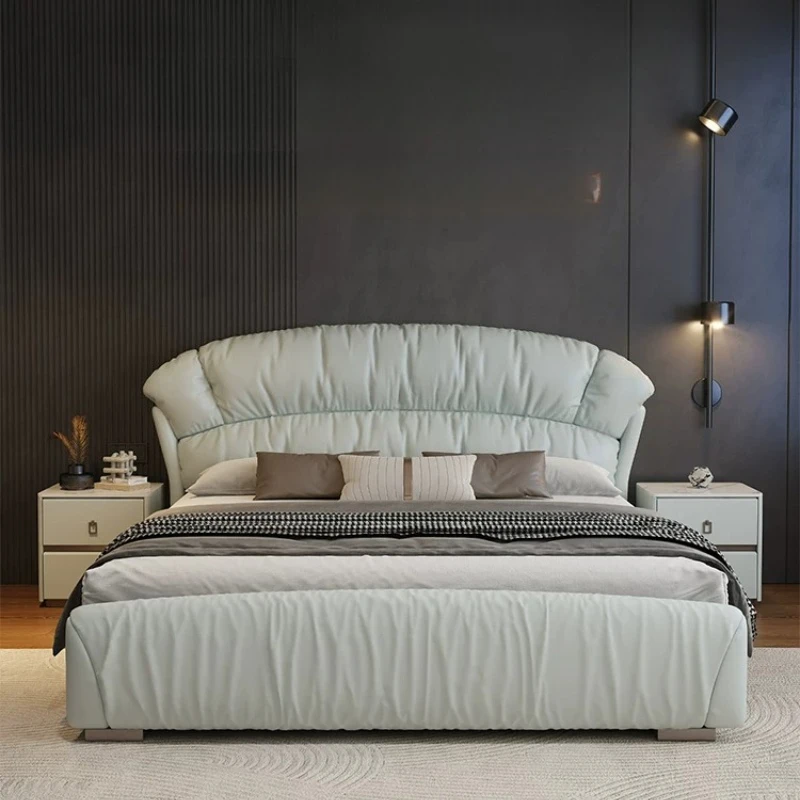 Modern Curved Bed Napa Leather Frame Headboard Queen King Size Double Bed Luxury High-end Soft Package Master Bedroom Furniture