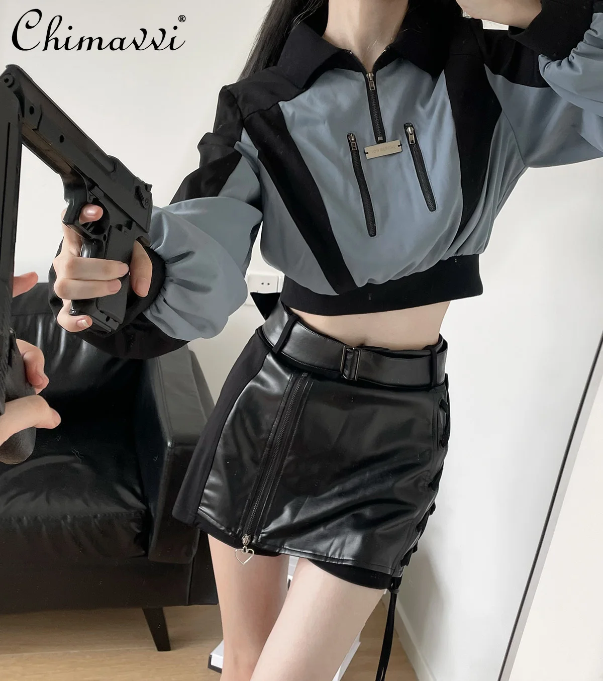 Gothic Style High Street Color Matching Jacket High Waist Slim Mini Leather Skirt Two-Piece Set Women Sweet Y2K Hot Girl Outfits