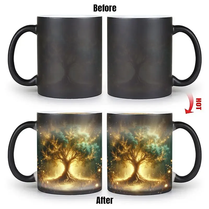 A color-changing magic cup, thermal response ceramic coffee cup, when filled with hot liquid, will appear glowing tree of life