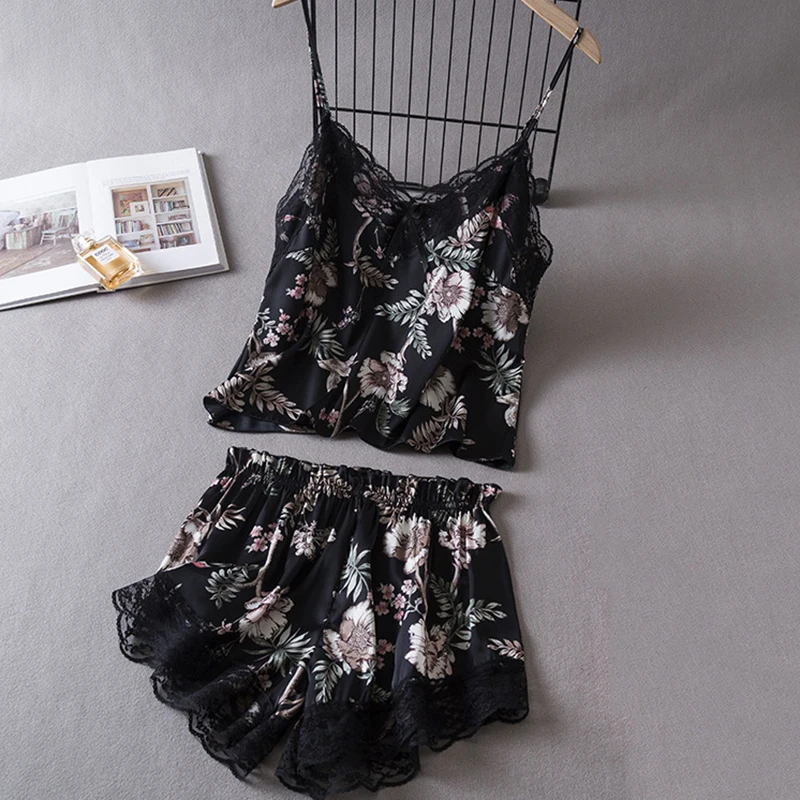 Black Print Flower Chemise Sleepwear Pajamas Set Summer Satin Strap Top&Shorts Lingerie Lounge Wear Loose Sexy Lace Home Wear