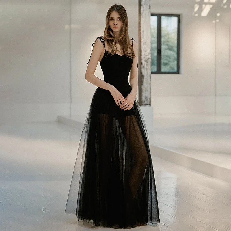 Elegant Black Sling Dress with a Waist Tulle Skirt Ideal for Birthday Party Prom dresses Gorgeous Sleeveless Long Dress