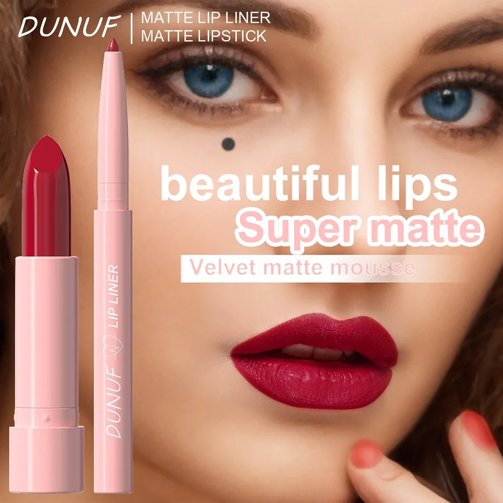Waterproof Matte Lip Liner And Lipstick Set - Red Brown Contours Long-Lasting Non-Sticky Hydrating Lip Makeup