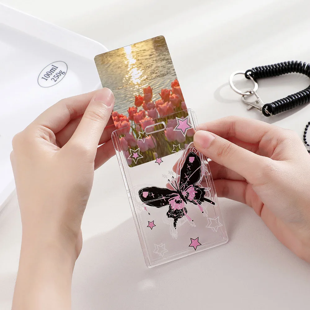 INS Butterfly Photocard Holder Keychain Pendant Transparent 3 Inch Idol Photo Card Sleeves Lovely Bus Bank Card Case Stationary