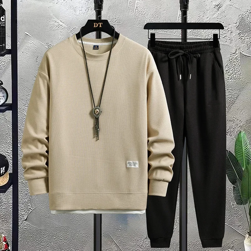 

Men's and women's casual Waffle round neck T-shirt set, paired with breathable, comfortable, and stylish long sleeved T-shirts