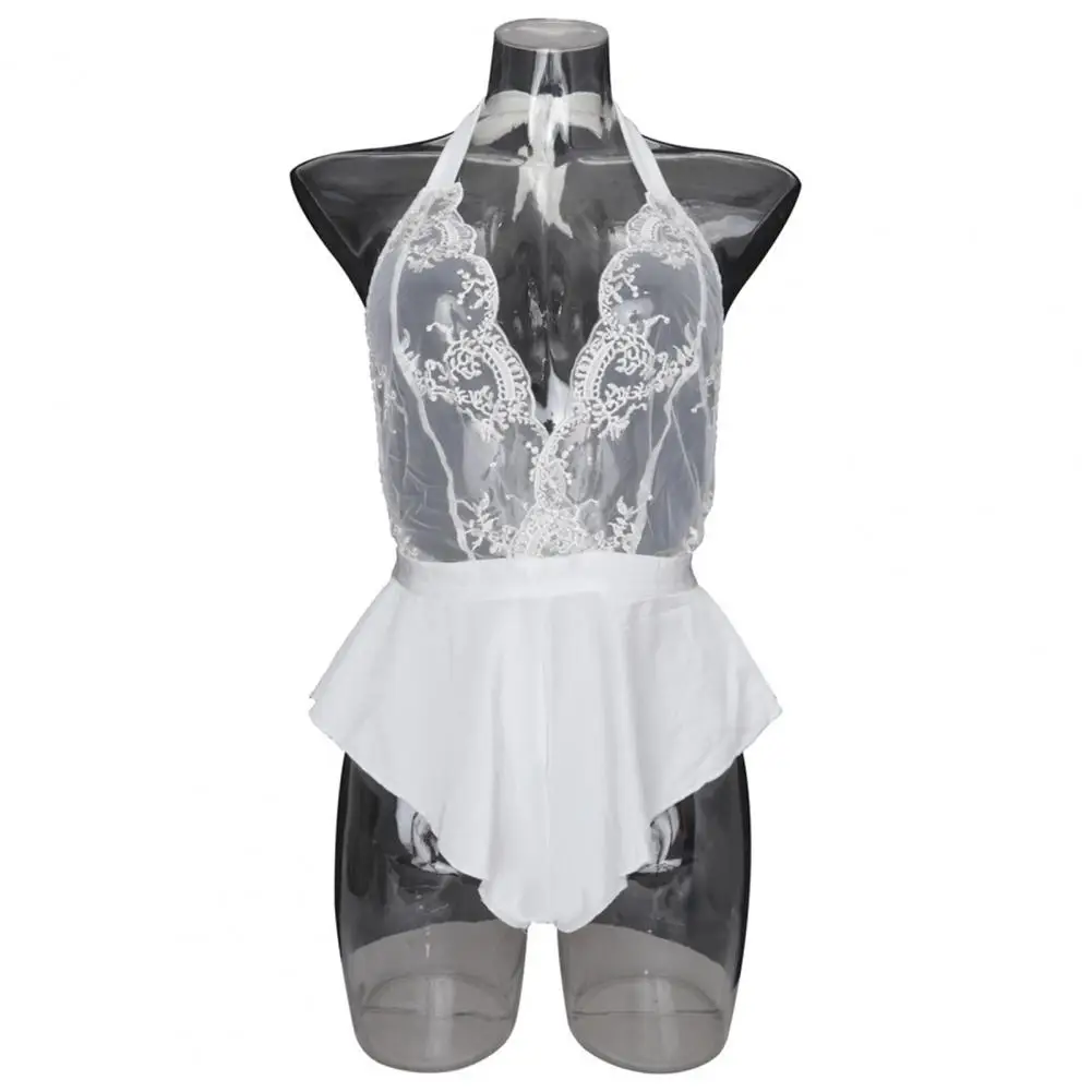 

Sexy Bodysuit Elegant Lace Halter Neck Nightdress for Women Off Shoulder Floral Embroidery Bodysuit for Wedding Night Honeymoon