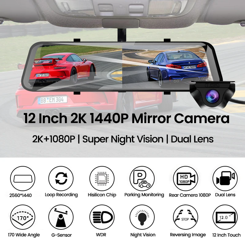 12 Inch 4K Mirror Dashcam Backup Camera WiFi GPS Suitable For Cars Trucks Optional Dual Cameras Night Vision Parking Assistance