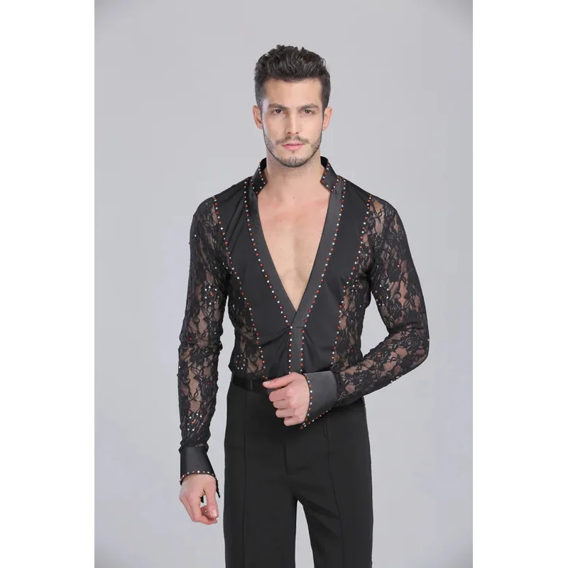 DY20Men اللاتينية الرقص الدانتيل أبيض وأسود الملابس الرقص الفالس قاعة الرقص الملابس الأداء اللاتينية رجل قمصان الملابس أعلى عموم