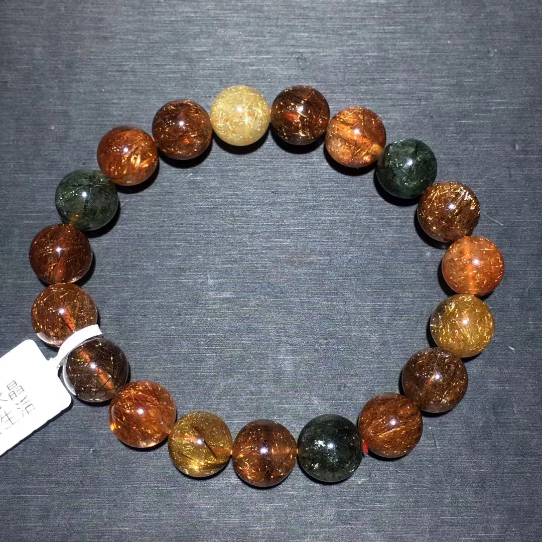 Natural Copper Rutilated Quartz Bracelet Gold Green Rutilated 11.5mm Clear Round Women Bracelet AAAAAA