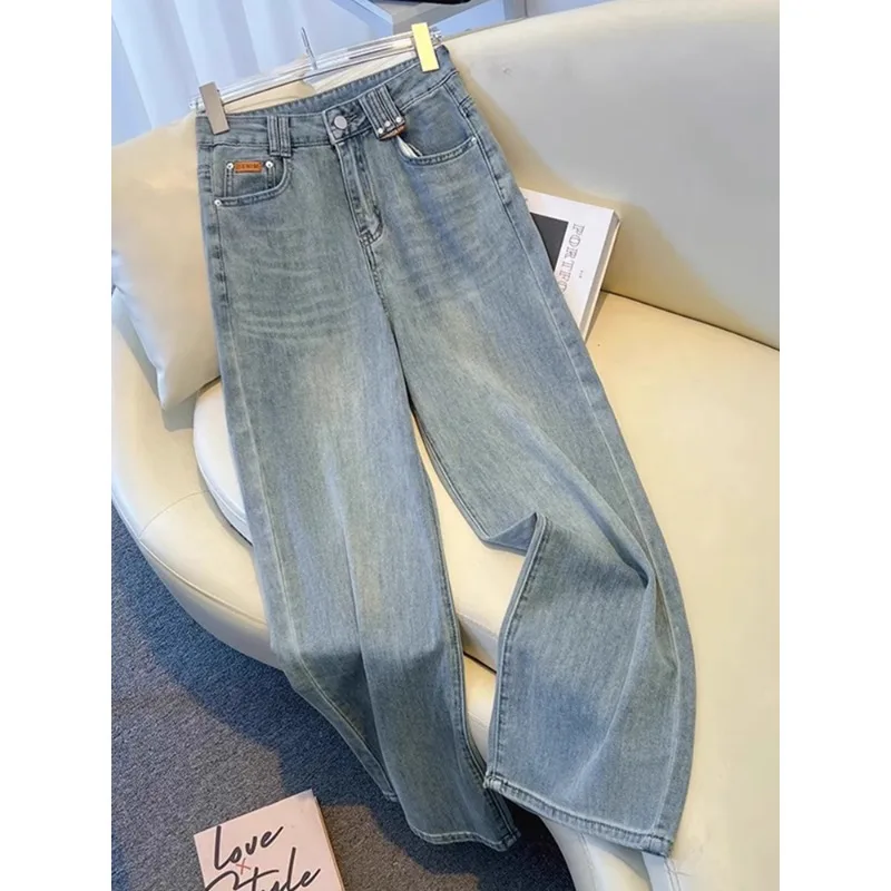 2025 뉴 레트로 와이드 레그 데님 여성 청바지 솔리드 레저 슬림 스트레이트 플로어 길이 바지 트렌디 패션 여성 바지