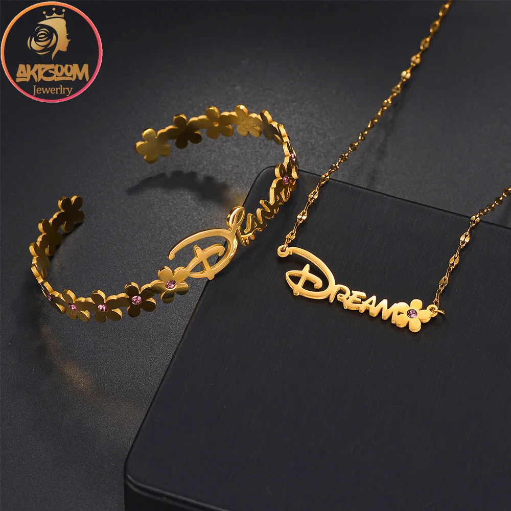 

Akizoom Custom Name Lip Chain Necklace Bracelet Stainless Steel Zircon Flower Luxury Jewelry Set for Women Kids Birthday Gift