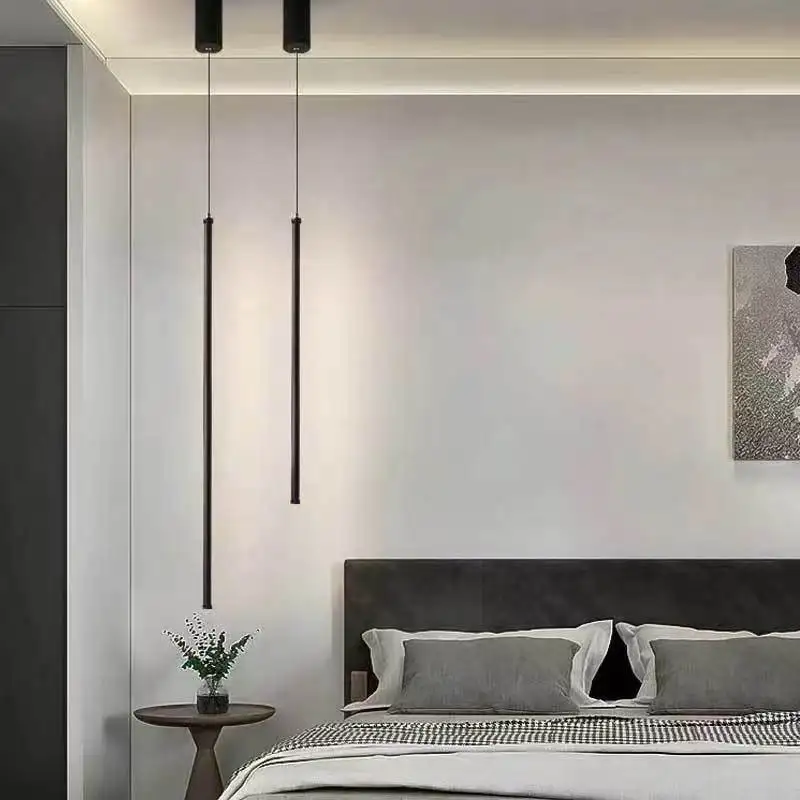 الحديثة LED أطول قلادة أضواء غرفة الطعام ديكور غرفة نوم السرير خلفية سوداء معلقة مصباح الثريات تركيبات المطاعم