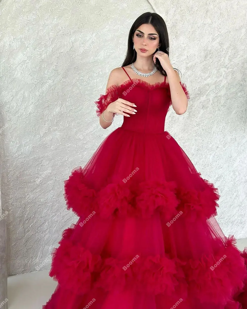 Booma Dark Red Off Shoulder Prom Dresses Ruched Tiered Tulle Evening Party Dresses Floor Length Formal Occasion Gowns for Women