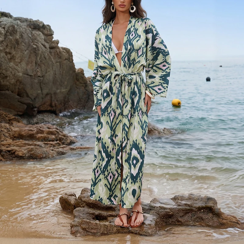 

New Fashion Pattern Printed Women Robe Coat Summer Casual V Neck Lace Up Long Sleeved Shawl Beach Holiday Loose Bikini Cover Up