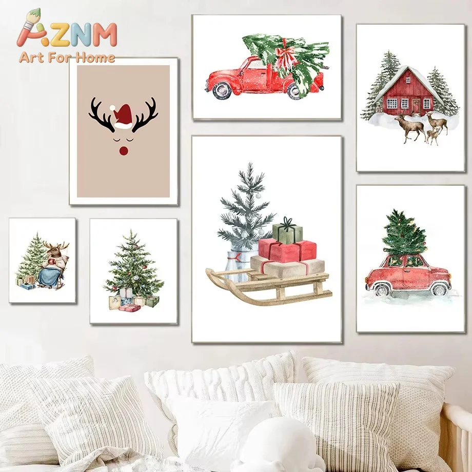 1PC Christmas Tree Deer Truck Car Fox Wall Art Canvas Painting Nordic Posters And Prints Wall Picture Room Home Decor Gift