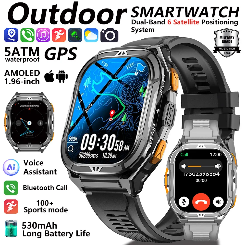 

2025 New GPS Smartwatch For Man 1.96inch HD AMOLED Screen Compass Bluetooth Call 5ATM Waterproof Sport Smart Watch Android iOS
