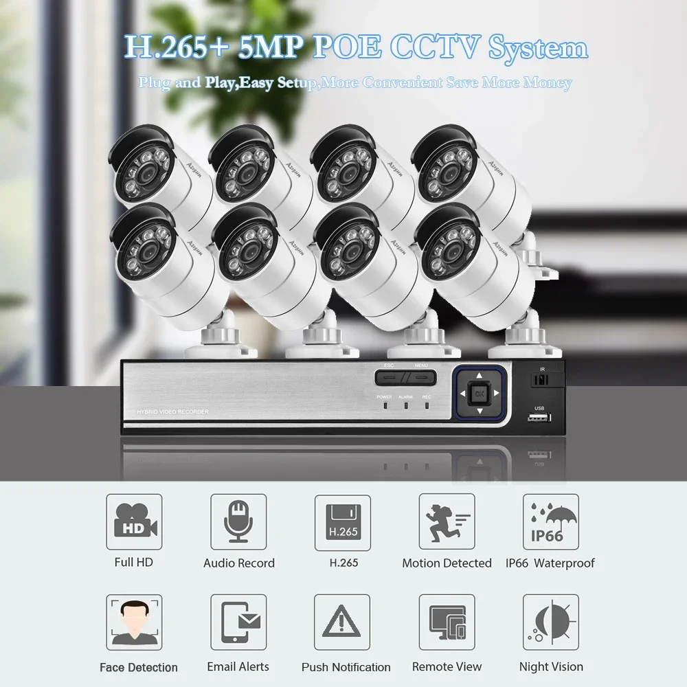

H.265+ 8CH 5MP HD POE NVR Комплект системы видеонаблюдения AI Audio Face Detect IP-камера Открытый 2592X1944 P2P Набор видеонаблюдения