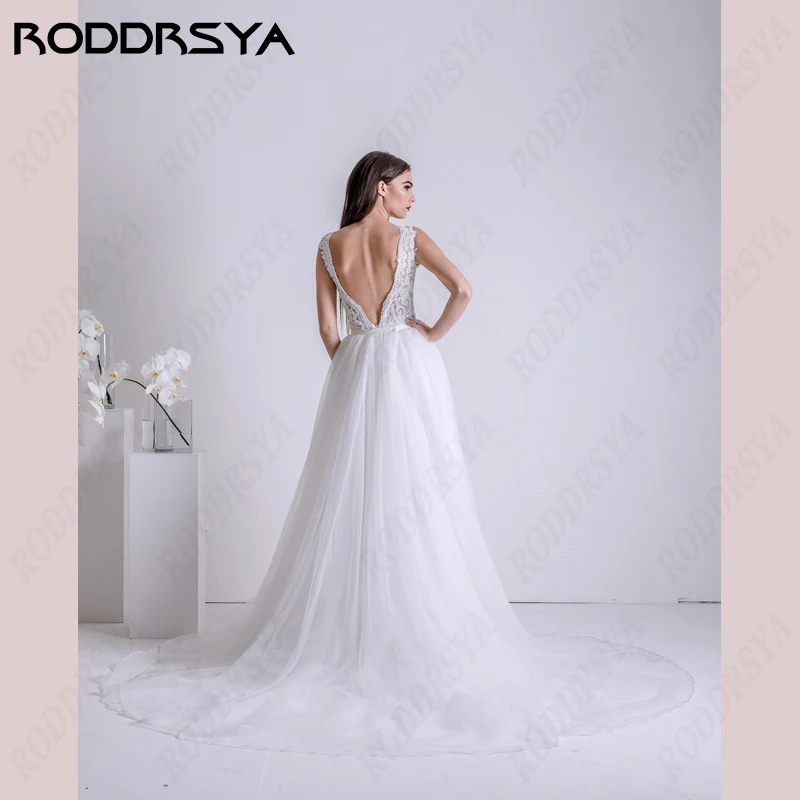 RODDRSYA V-Neck Sleeveless Mermaid Wedding Dress For Women Backless Removable Trail Robe De Soirée Lace Appliqued Bride Party