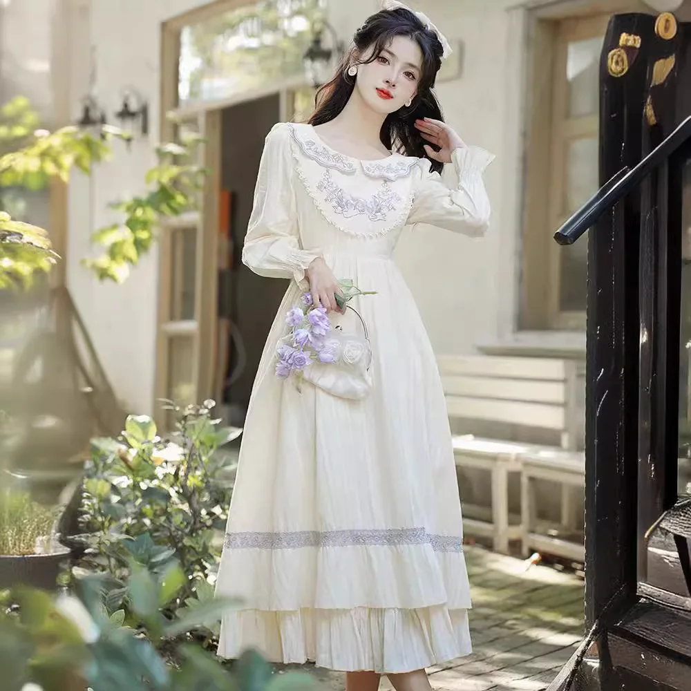 2024Wenyi Sen Women's Aging Reduction Embroidered Doll Neck Cotton and Hemp Spliced Large Swing Dress