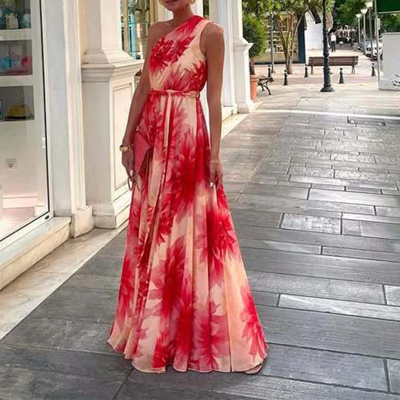 Sexy inclinado elegante padrão impressão rendas vestido de festa casual sem mangas plissado bohe vestido feminino ombro grande balanço vestido longo