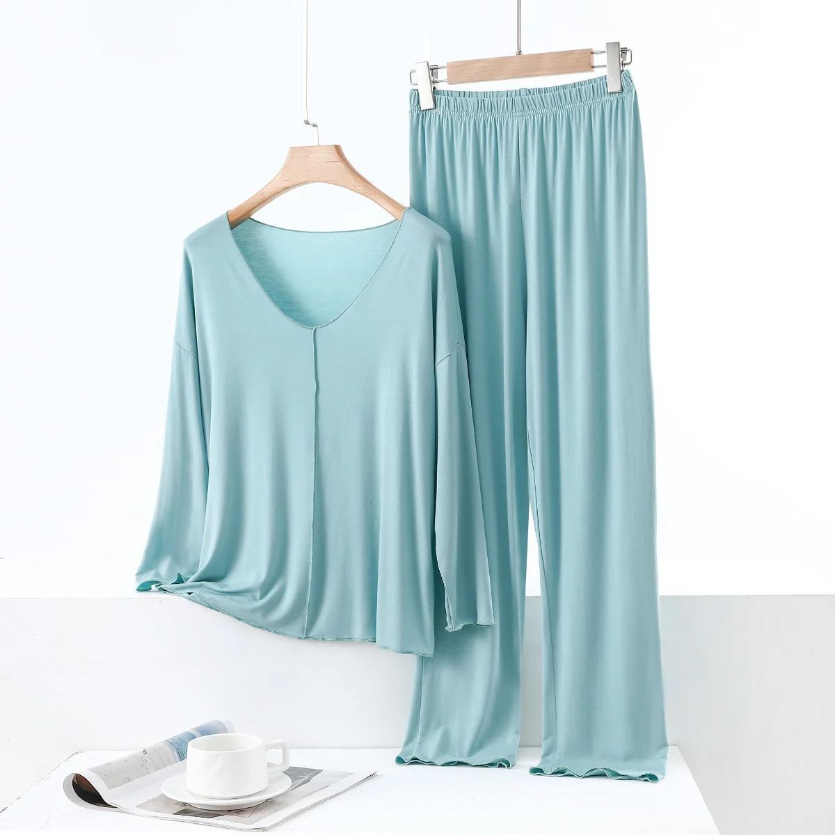Comfortable Women's Pajamas Modal Casual Sleepwear Set Long Sleeve Nightwear Pyjamas V Neck Top Pant Home Suit Pijamas Mujer 4