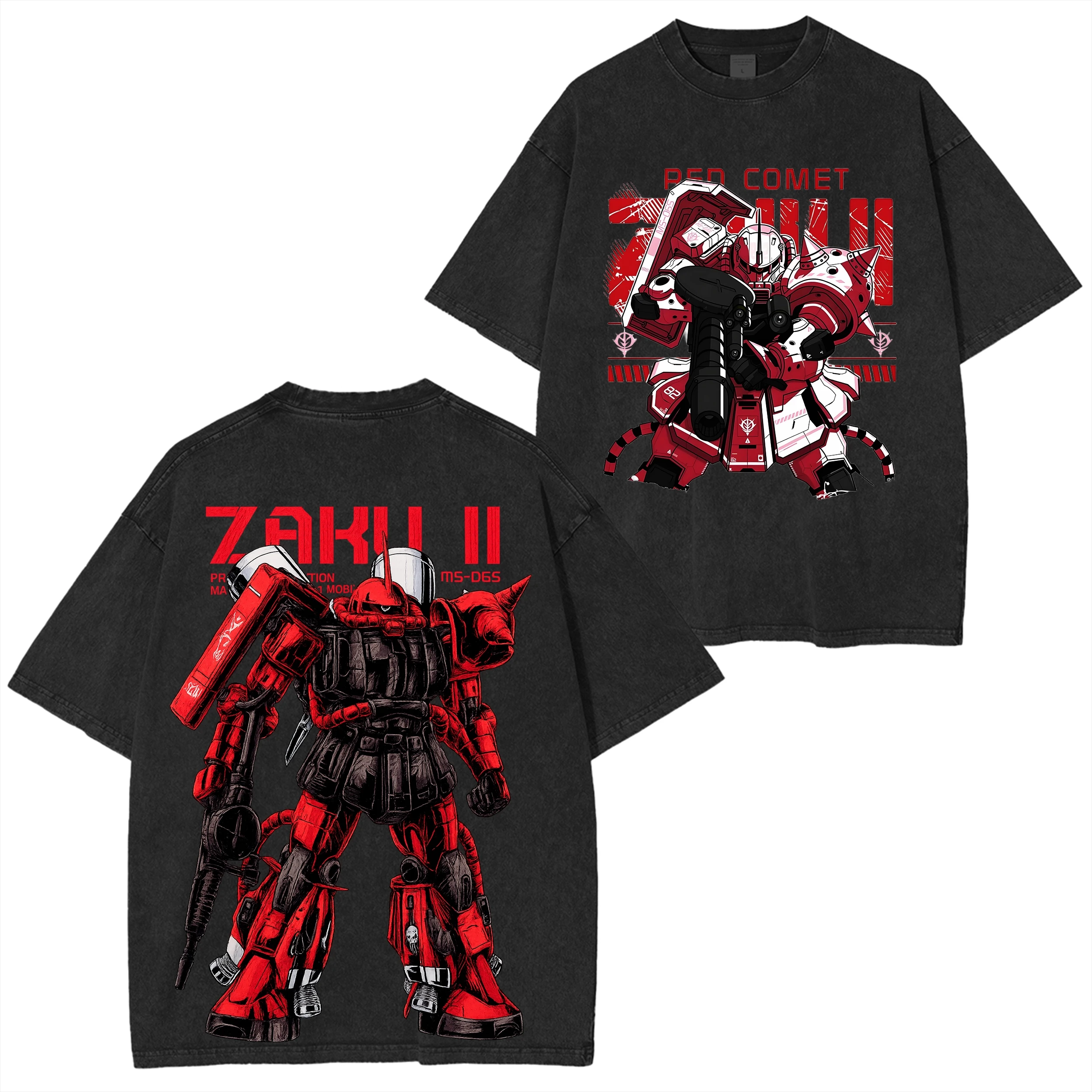 Char's Zaku II T-Shirt Herren Red Comet MS-06S Vintage Acid Wash Mecha Streetwear Übergroße Retro Japanische Anime Grafik-T-Shirts