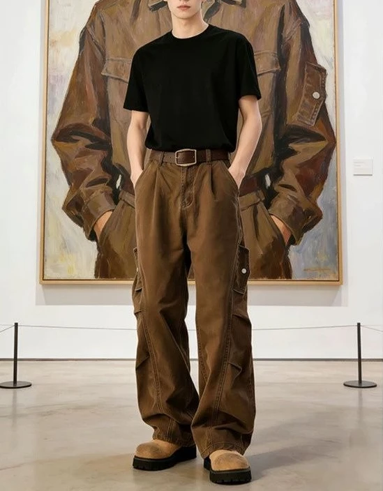 Pocket Design Men's 2026 Spring and Autumn New Old Money Wind Loose Wide Leg Diagonal Tooling Trousers