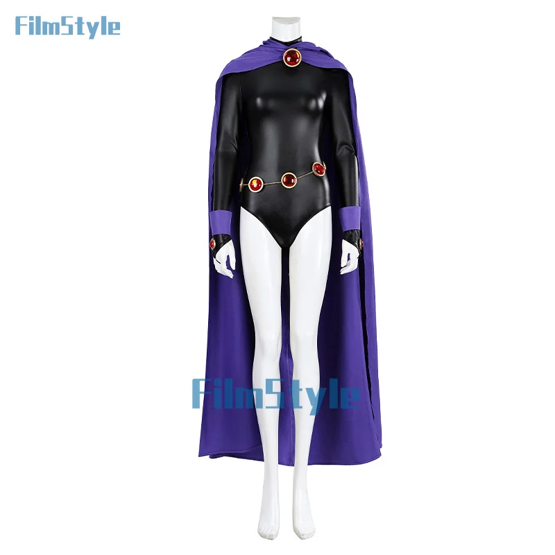 New Teen Titans Super Hero Raven Cosplay Costume Women Black Bodysuit Purple Hooded Cloak Jumpsuits Halloween Party Costume