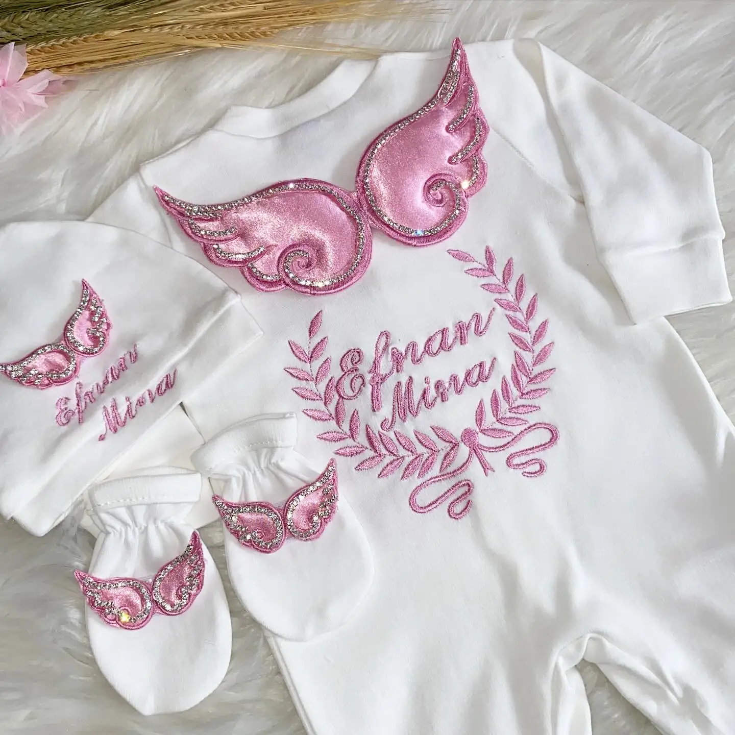 Dollbling 3pcs Embroidery Name Newborn Angle Wings Romper Blanket Nursery Bedding Swaddle Handmade Infant Outfit