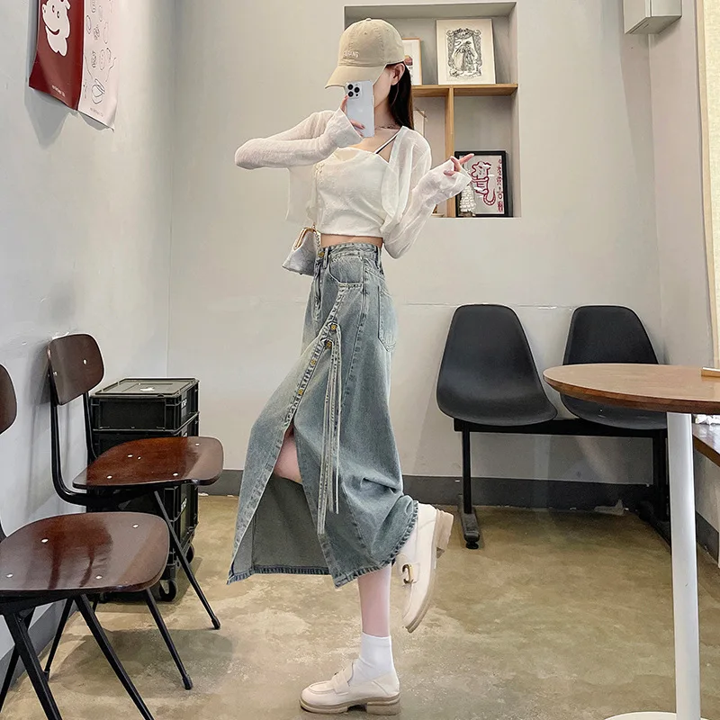2026High Waist Slit Solid Denim Skirt Women's Spring Summer New National Style Wrap Around Skirt Artistic Retro Zipper Design