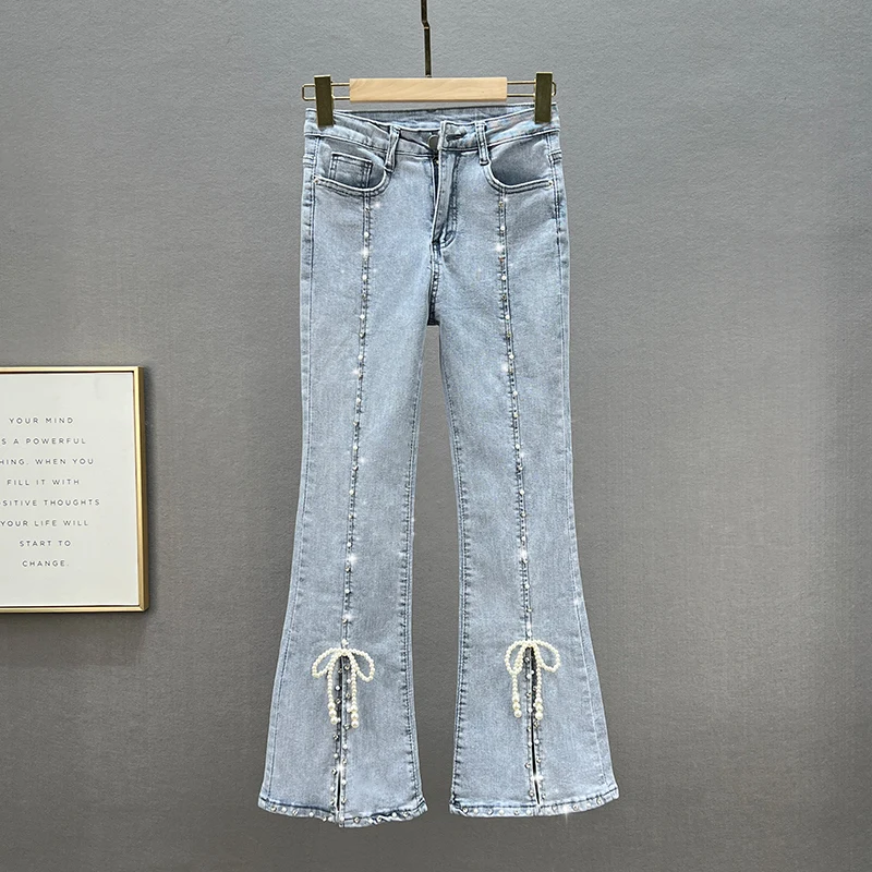 

High Waist Slimming Diamond Embellied Women's Denim Jeans Spring Summer New Sle Open Split Flared Pants Cotton Stretch