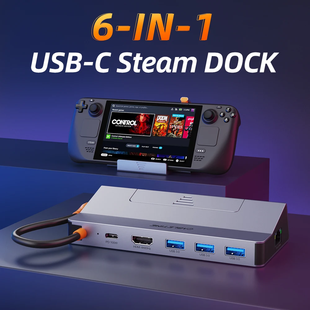 CABLETIME 6-in-1 PD100W USB C Docking Station for Steam Deck 4K HDMI Ethernet 1000Mbps for Switch iPad MacBook Pro iPhone Hub