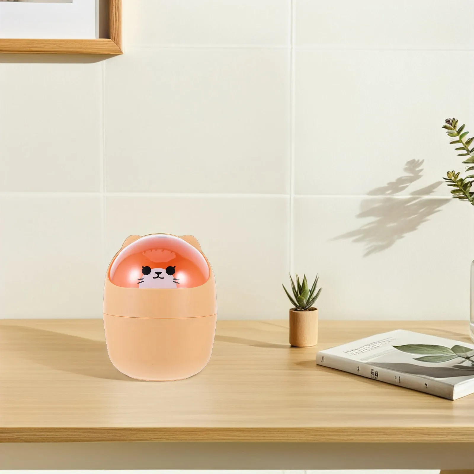 

Mini Trash Can Yellow Plastic Desktop Garbage Bin Kawaii Cat Design Waste Container for Table Kids Bedroom Office Use Eco